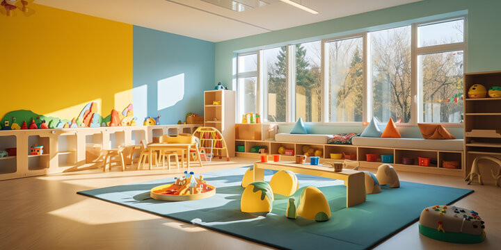 Generative AI classroom of a daycare center without children and teacher