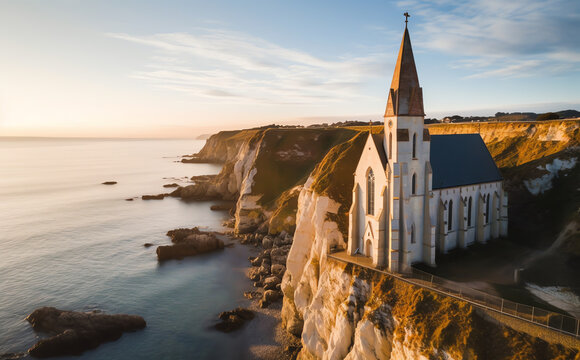 Generative AI Santa Comba hermitage in the Santa Comba beach in the coast of Galicia at sunset in a sunny day. A Coru&ntilde;a, Spain.
