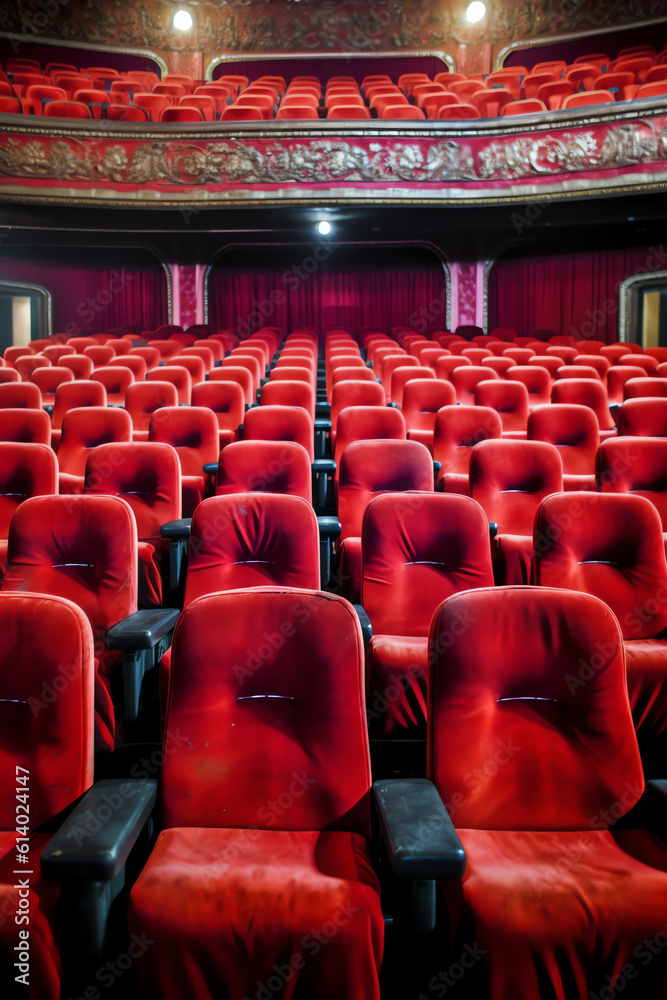 Aufkleber Generative AI Empty theater with red chairs. Rear view.