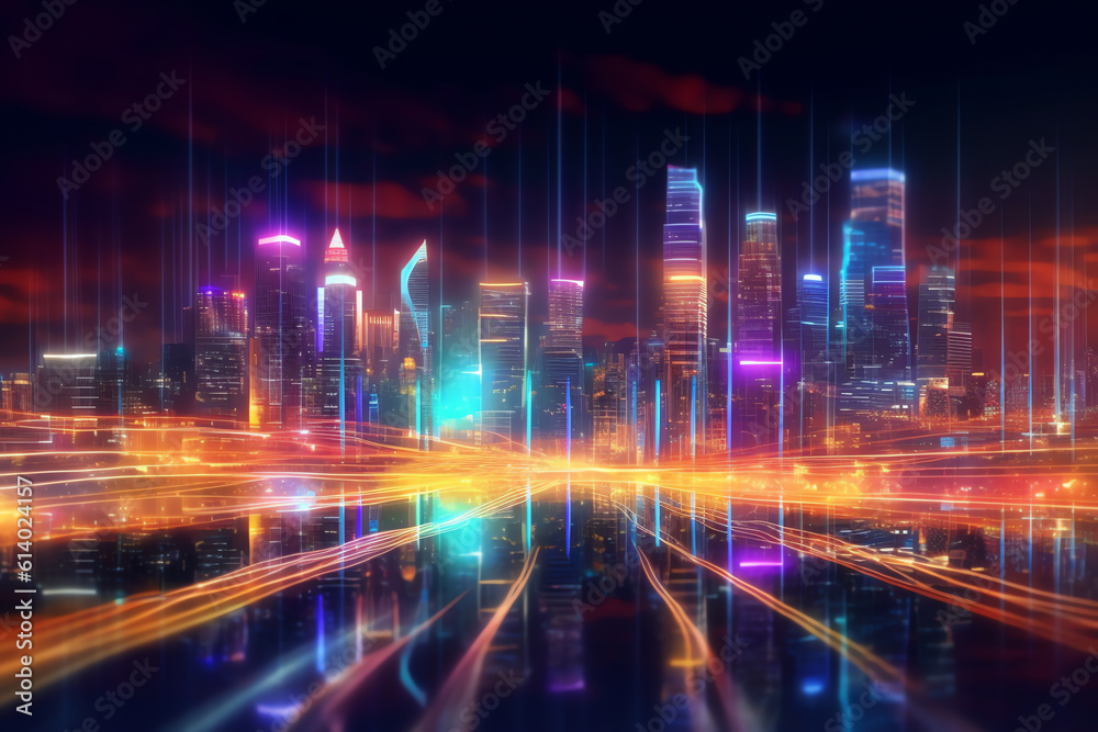 Aufkleber Generative AI 3D Rendering of warp speed in hyper loop with blur light from buildings' lights in mega city at night. Concept of next generation technology, fin tech, big data, 5g fast network, machine