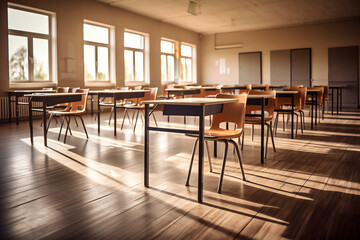 Generative AI Desks in a row in empty high school classroom