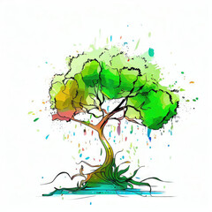 Splattered Leaves: Green Splash Tree Watercolor Illustration, Generative AI