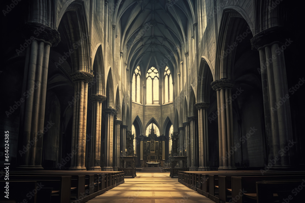 Poster generative ai inside an empty church in normandy, france.