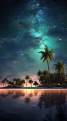 Generative AI Movie night on starry tropical island beach. Amazingly calm and relaxed scenic view of outdoor cinema with the Milky Way and palm trees with soft candle light. Summer family holiday, lux