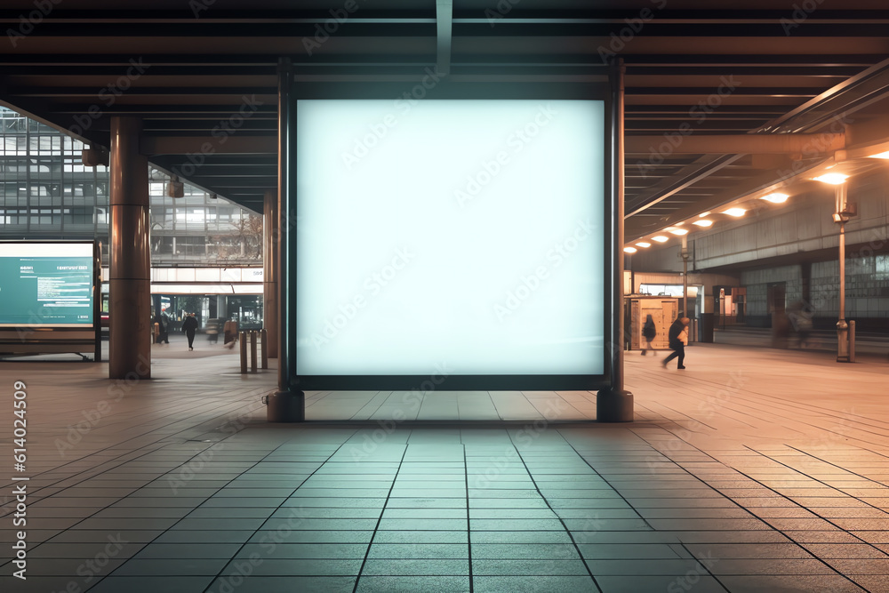 Aufkleber generative ai blank vertical advertising poster banner mockup at empty bus stop shelter by main road