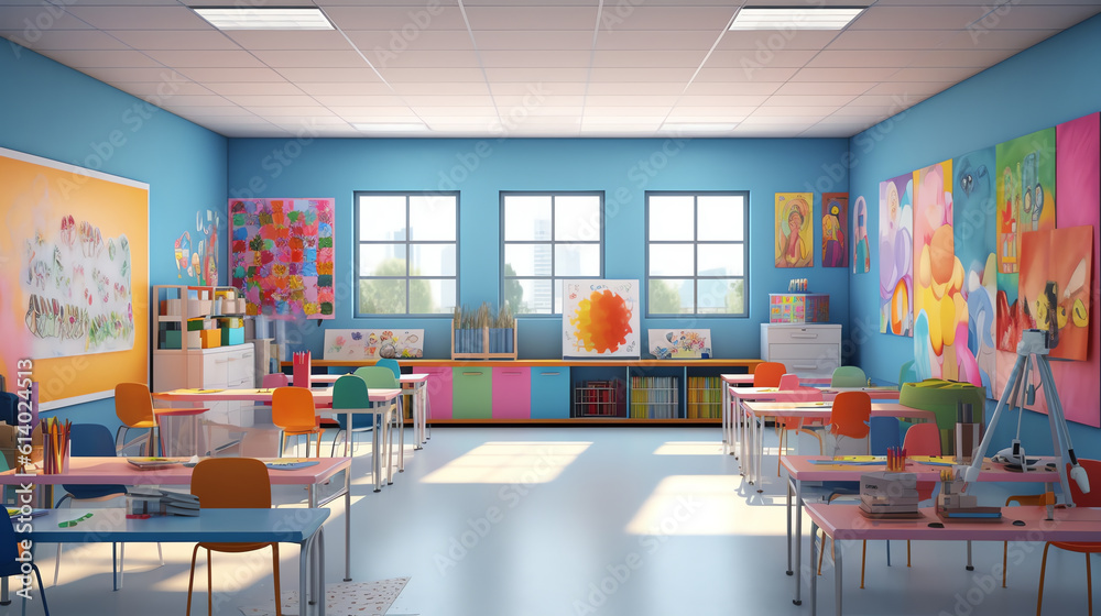 Poster generative ai school desks near color wall in classroom