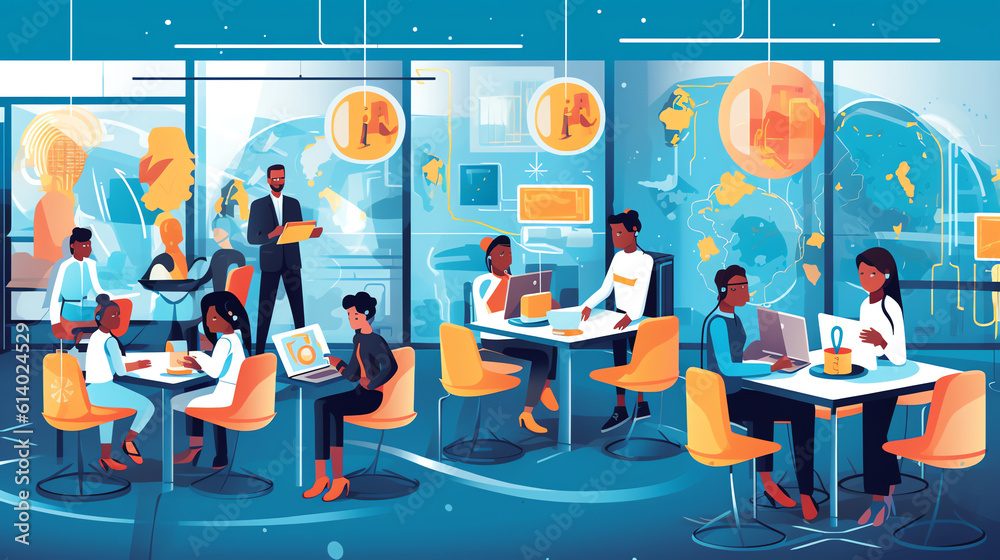 Aufkleber Generative AI Vector illustration with children working on computers, teacher teacher, Children learn to coding banner, informatics lesson in class, people working on laptops