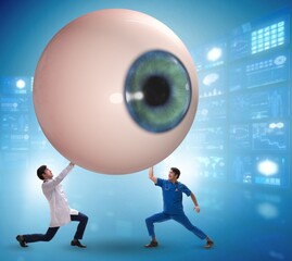 Doctor examining giant eye in medical concept