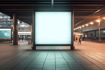 Generative AI Blank vertical advertising poster banner mockup at empty bus stop shelter by main road, blur background. Out-of-home OOH vertical billboard media display space under expressway highway