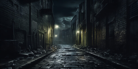 Generative AI Dark and eerie urban city alley at night - obrazy, fototapety, plakaty