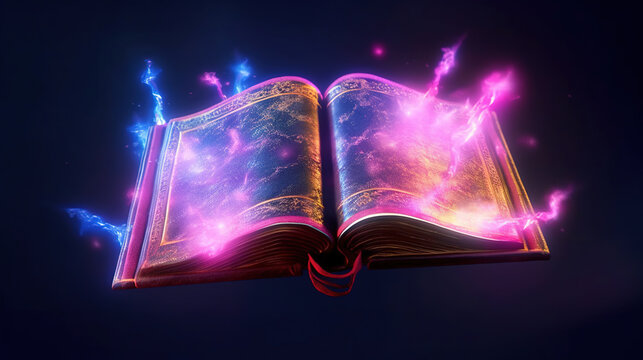 Ancient magical tome bursting open with magic energy