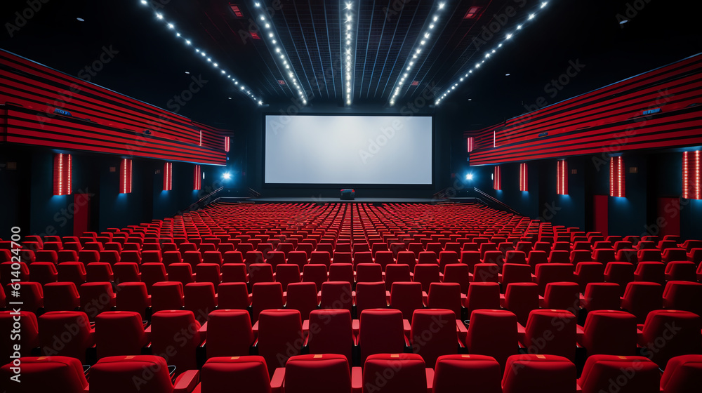 Aufkleber Generative AI Interior of empty dark cinema with rows of red seats with cup holders and popcorn. Concept of entertainment. 3d rendering toned image