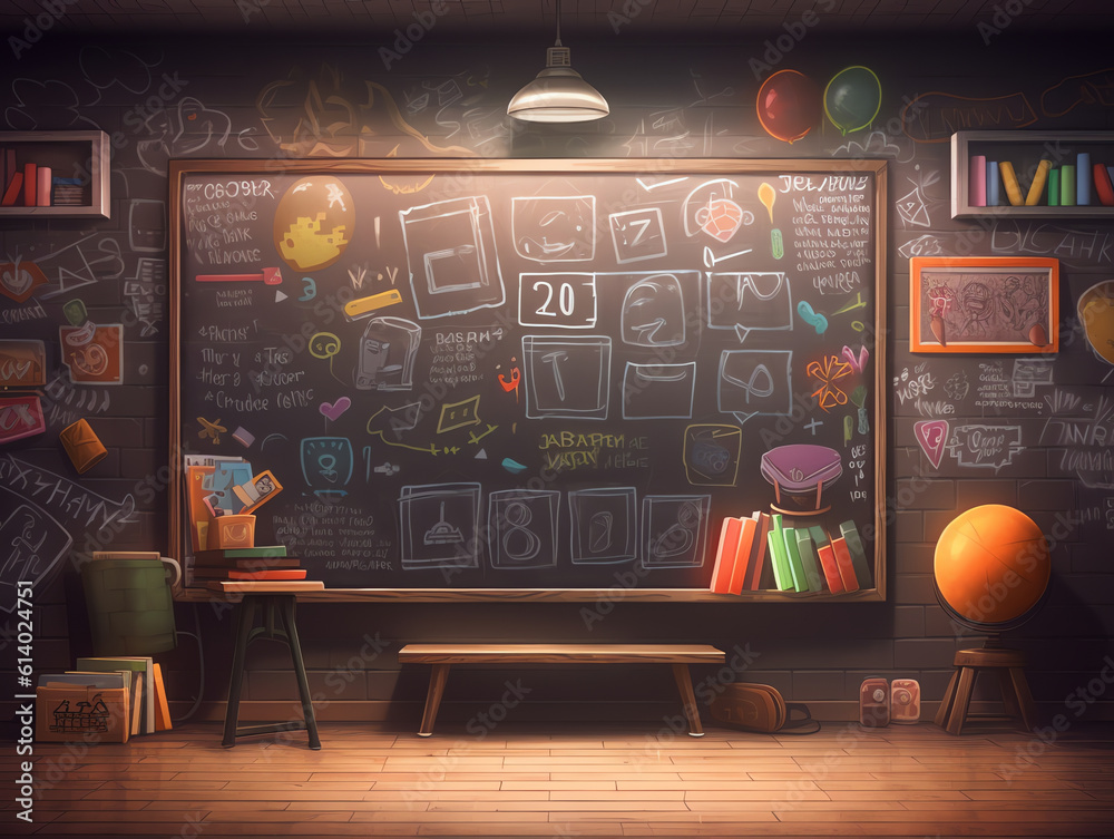 Aufkleber Generative AI Classroom for chemistry learning with formula on chalkboard. Vector cartoon illustration of empty school class interior with flasks on desk and poster with chemical periodic table on wal