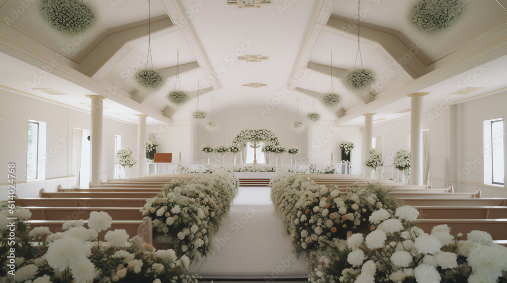 Poster generative ai inside of chapel with white pews