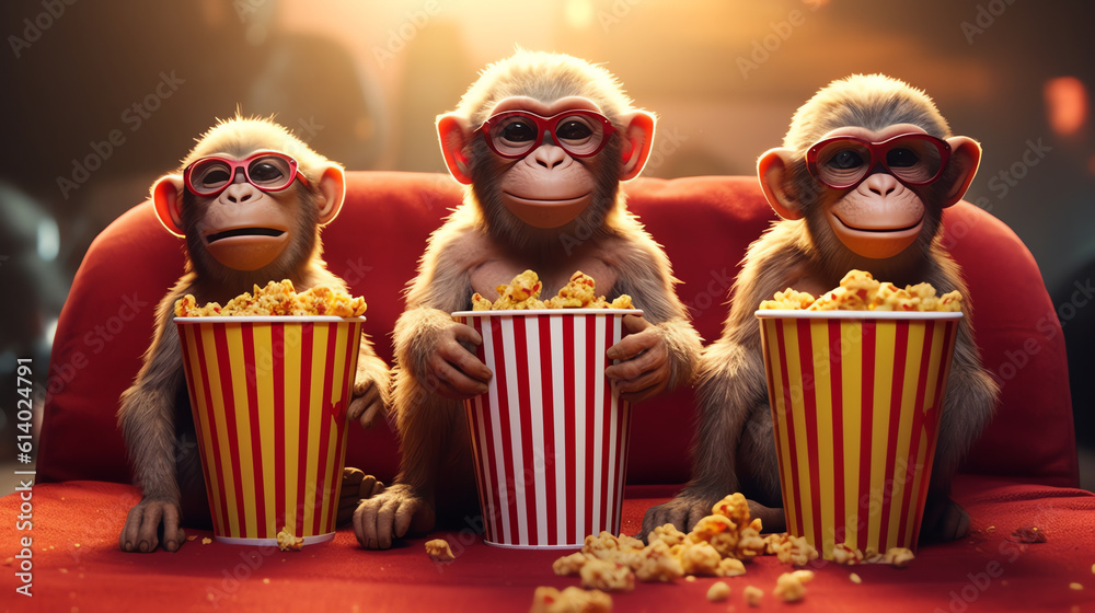 Poster generative ai three red cinema chairs with fizzy drink and box of popcorn over white background. con
