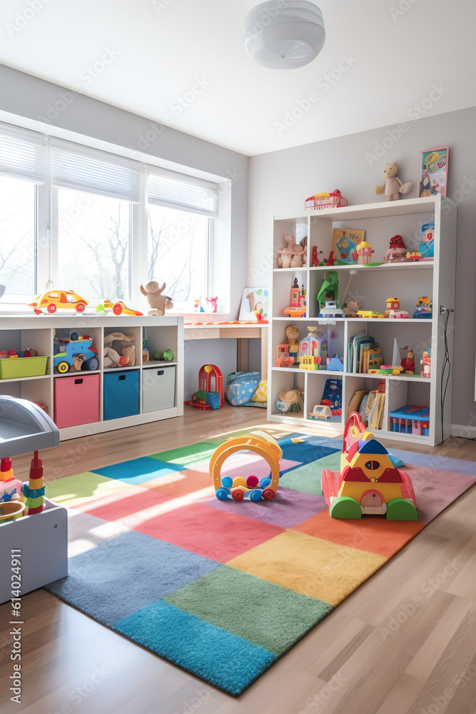 Aufkleber generative ai white nursery room with shelves and colourful boxes.