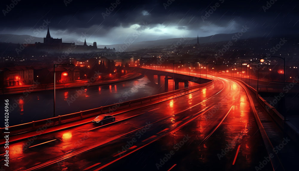 Aufkleber Generative AI Empty asphalt road under the bridge during the night with beautiful city skyline background .