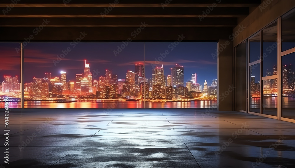 Poster Generative AI Empty asphalt road under the bridge during the night with beautiful city skyline background . 3d rendering