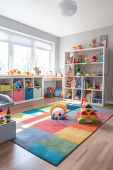 Generative AI White nursery room with shelves and colourful boxes. - obrazy, fototapety, plakaty