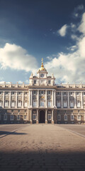 Obraz premium Generative AI Palacio real historical building of Madrid and empty illuminated street with leafless trees at evening time with sunset sky