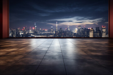Generative AI empty parking space in downtown with illuminated modern cityscape and buildings at night.