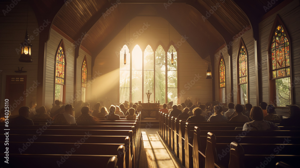 Poster Generative AI Empty pews in a small chapel, in which soft sunlight falls through a small window.