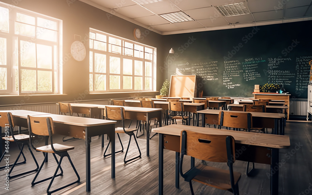 Poster generative ai empty classroom with wooden desks, chalk board and big windows in school.