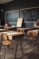 Generative AI Empty School classroom with desks chair wood, and green board in high school Thailand, vintage tone education concept.