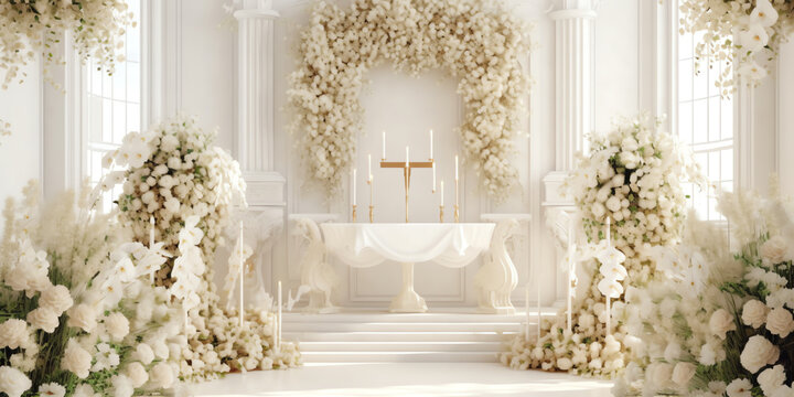 Generative AI Baby's breath bouquets tied to the end of wood church pews in a wedding chapel