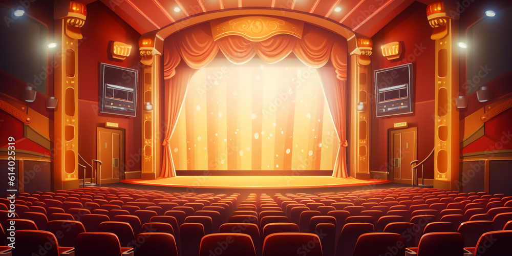Poster Generative AI Cinema hall with screen and red seats. And also includes EPS 10 vector