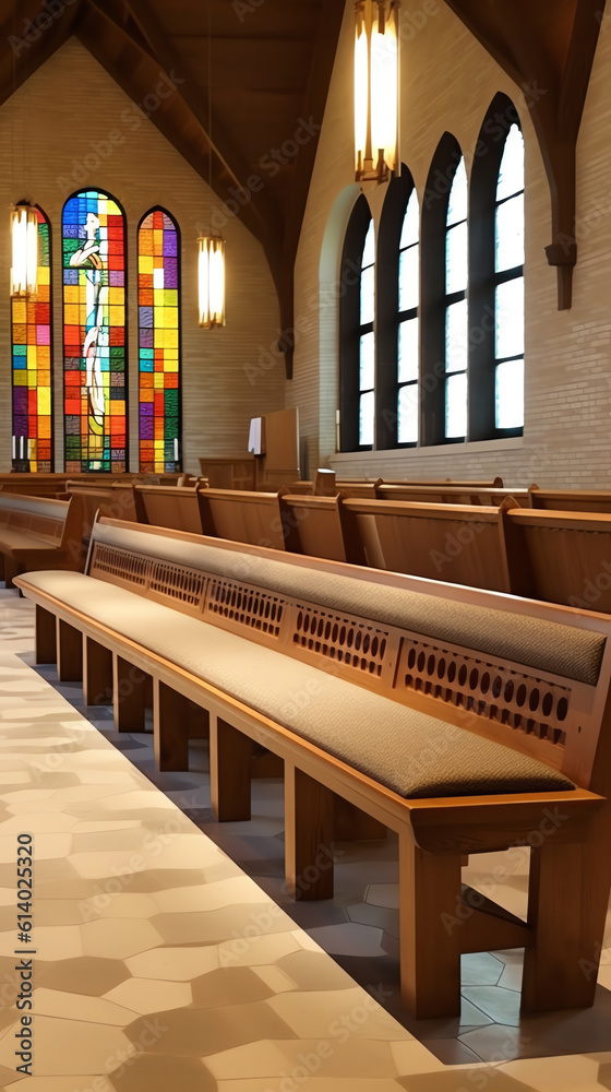 Poster generative ai empty church bench also called wooden pew without people