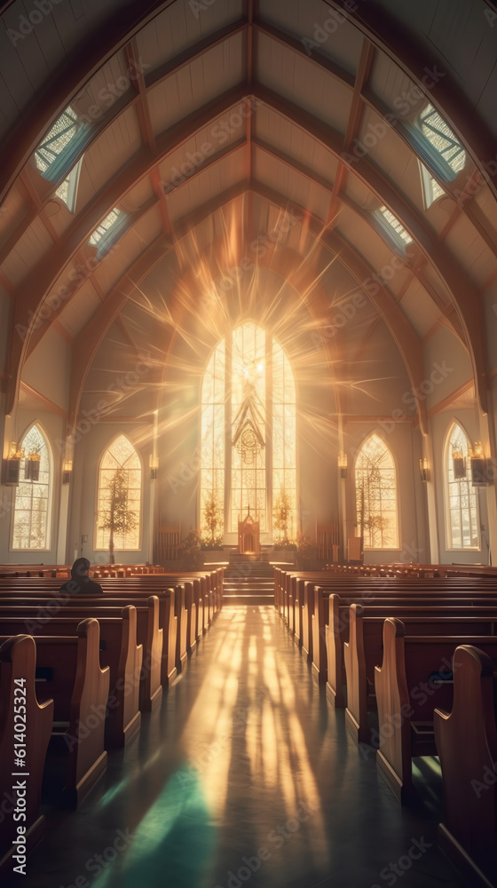 Aufkleber generative ai beautiful view of empty wooden benches near window in church
