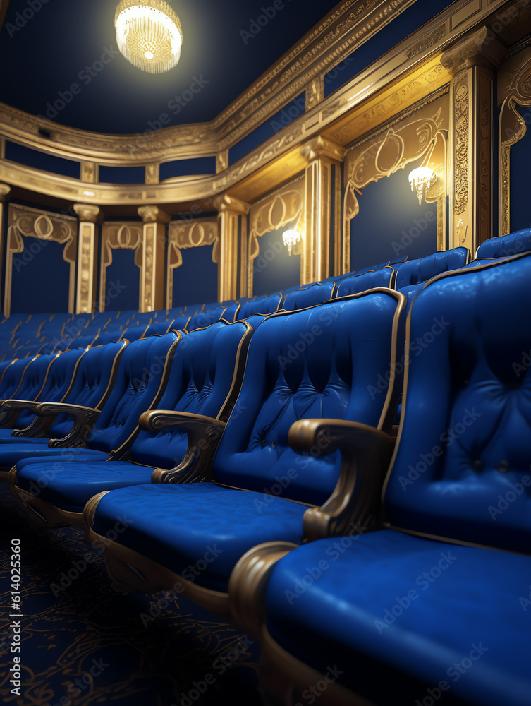 Poster Generative AI Blue empty seats in the audience prepared for the participants of the conference or presentation. Organization and holding of mass events. Soft classical empty chairs in a row chairs.