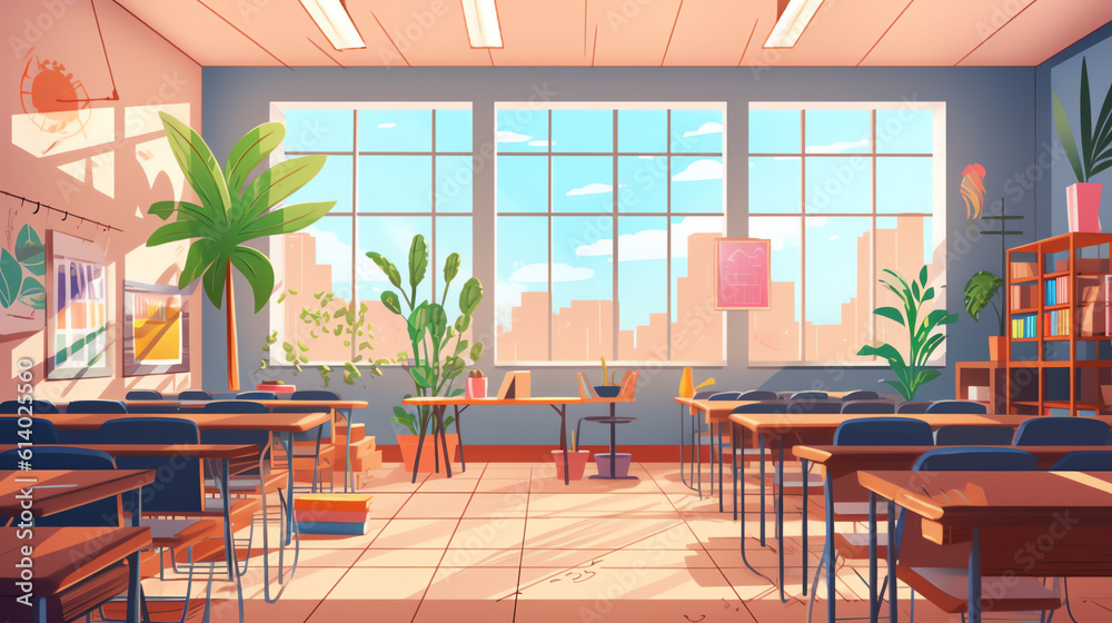 Aufkleber Generative AI Empty school classroom in cartoon style. Education concept without students. 3d rendering interior illustration. Back to school design template. Classroom in quarantine on coronavirus CO