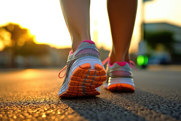 Athlete woman running in her sneakers trough the forest with sunlight ahead.