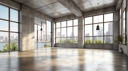 Generative AI Empty loft unfurnished contemporary interior office with city skyline and buildings city from glass window .