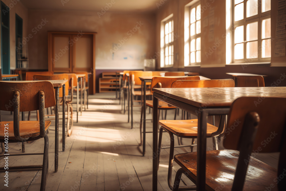 Poster Generative AI Empty classroom with a lot of chair with no student. Empty classroom with vintage tone wooden chairs. Back to school concept.