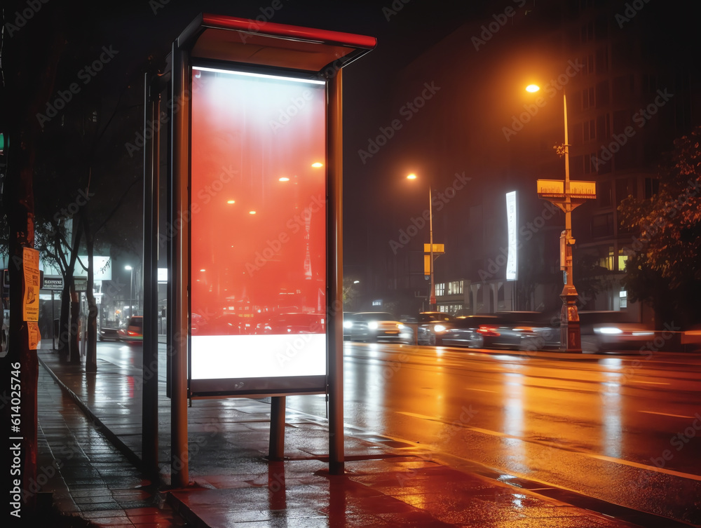 Poster generative ai vertical advertising poster mockup at empty bus stop shelter by main road. out-of-home