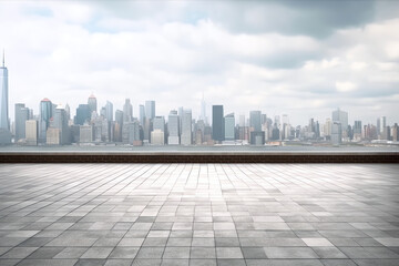 Obraz premium Generative AI empty brick floor with cityscape of modern city