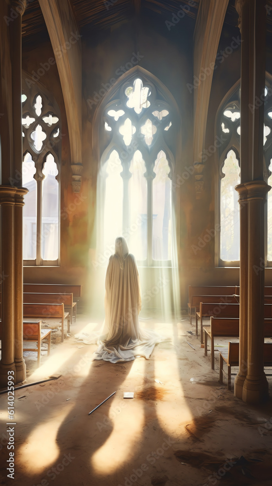 Poster generative ai empty pews with soft sunlight in a catholic church.