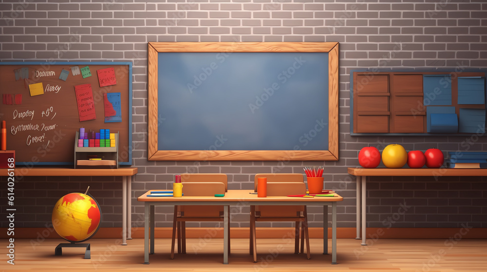 Poster Generative AI Empty school classroom in cartoon style. Education concept without students. 3d rendering interior illustration. Back to school design template. Classroom in quarantine on coronavirus CO