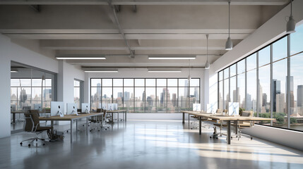 Fototapeta na wymiar Generative AI Corner of modern Industrial style open space office with white walls, concrete floor, rows of computer tables and panoramic windows with blurry cityscape. 3d rendering