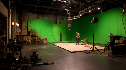 Generative AI Three empty chairs in a studio with green screen