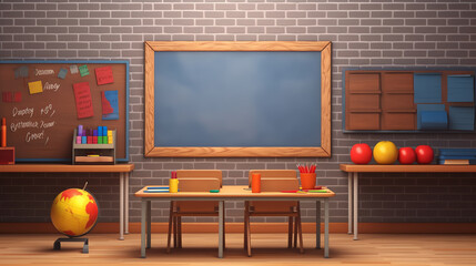 Generative AI Empty school classroom in cartoon style. Education concept without students. 3d rendering interior illustration. Back to school design template. Classroom in quarantine on coronavirus CO