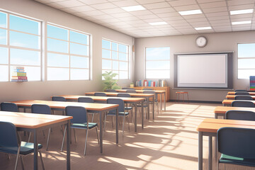 Fototapeta na wymiar Generative AI Cartoon classroom interior with view on school desks with chairs, bookcase, door and window. Flat Vector Illustration.