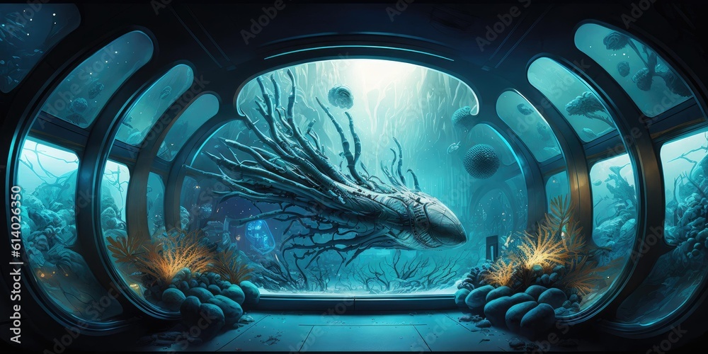 Poster futuristic interior of spaceship inside of hallway. superlative generative ai image.