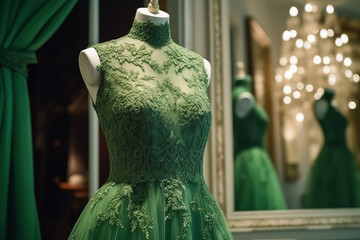 Luxury green evening dress on mannequin, ball gown in luxurious boutique. Generative AI