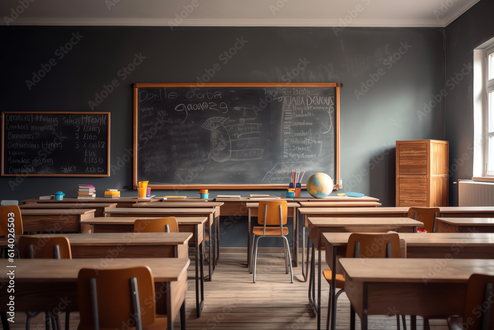Aufkleber Generative AI empty school office. empty school class with desks. view of the blackboard. copy space. school online macro