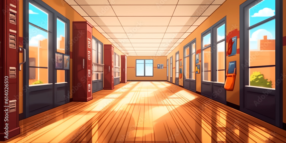 Aufkleber Generative AI Empty School Corridor With Lockers Hall Open Door To Class Room Flat Vector Illustration