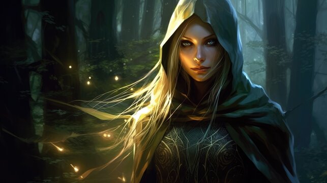 A mysterious elven rogue with a shimmering cloak that bends light around them.